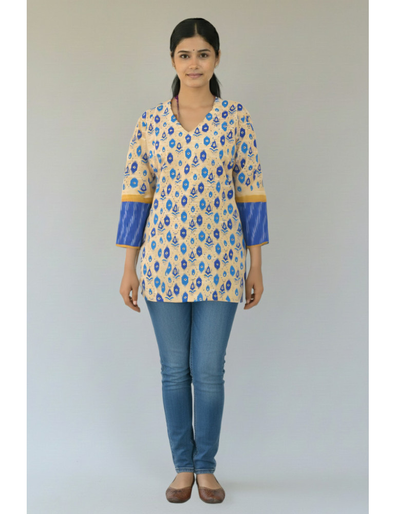 Short Kurti Light Brown blue Pure Cotton