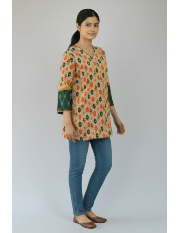 Short Kurti Light Brown Orange Buttle Green Pure Cotton