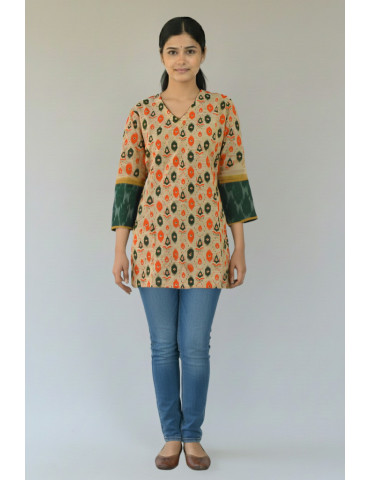 Short Kurti Light Brown Orange Buttle Green Pure Cotton