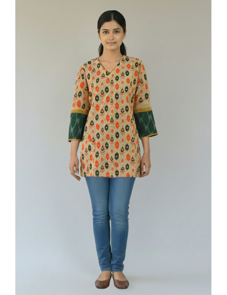 Short Kurti Light Brown Orange Buttle Green Pure Cotton