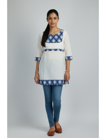 Cotton Block Print Blue White Pure Cotton Short Kurta