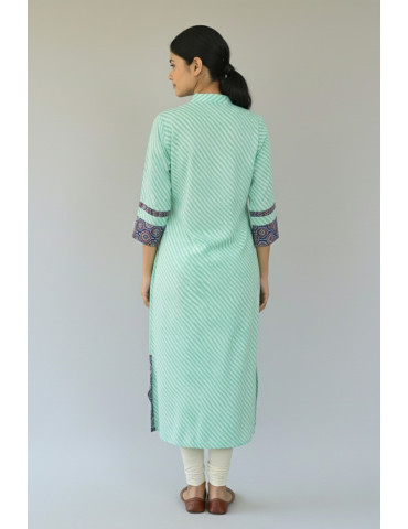 Kurti Leheria Ajrakh Patch Light Green Pure Cotton