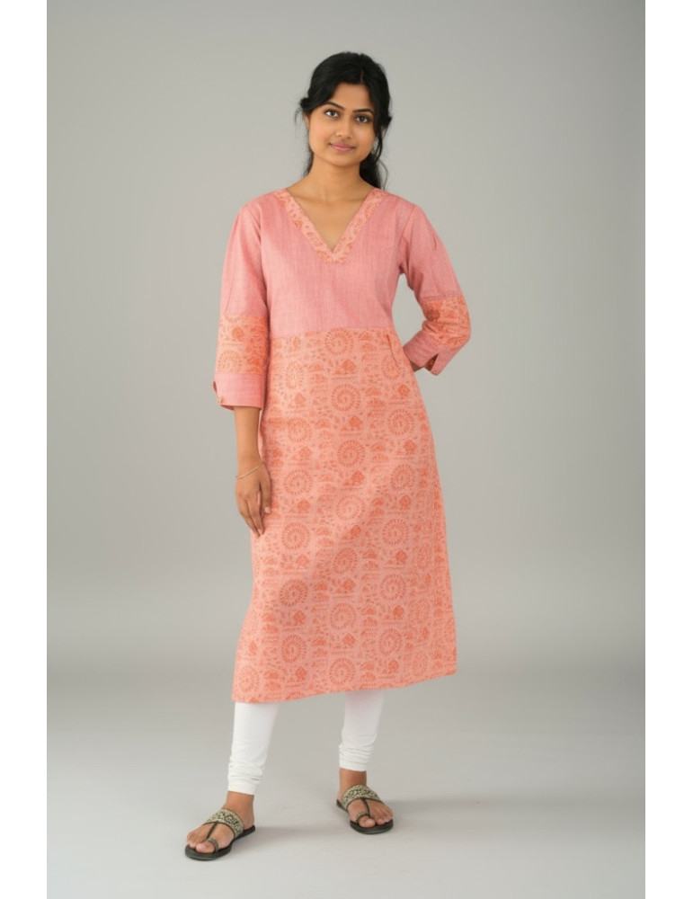 Yamini Tribal Print Light Peach Pure Cotton Kurta
