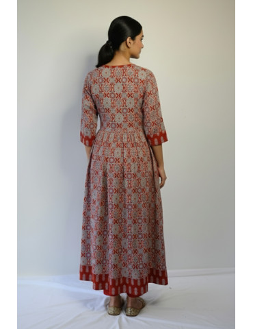 Anarkali Ajrakh Print Red Floral Kurti