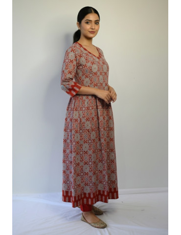 Anarkali Ajrakh Print Red Floral Kurti