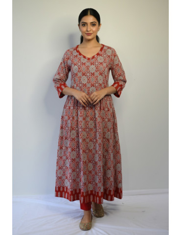 Anarkali Ajrakh Print Red Floral Kurti