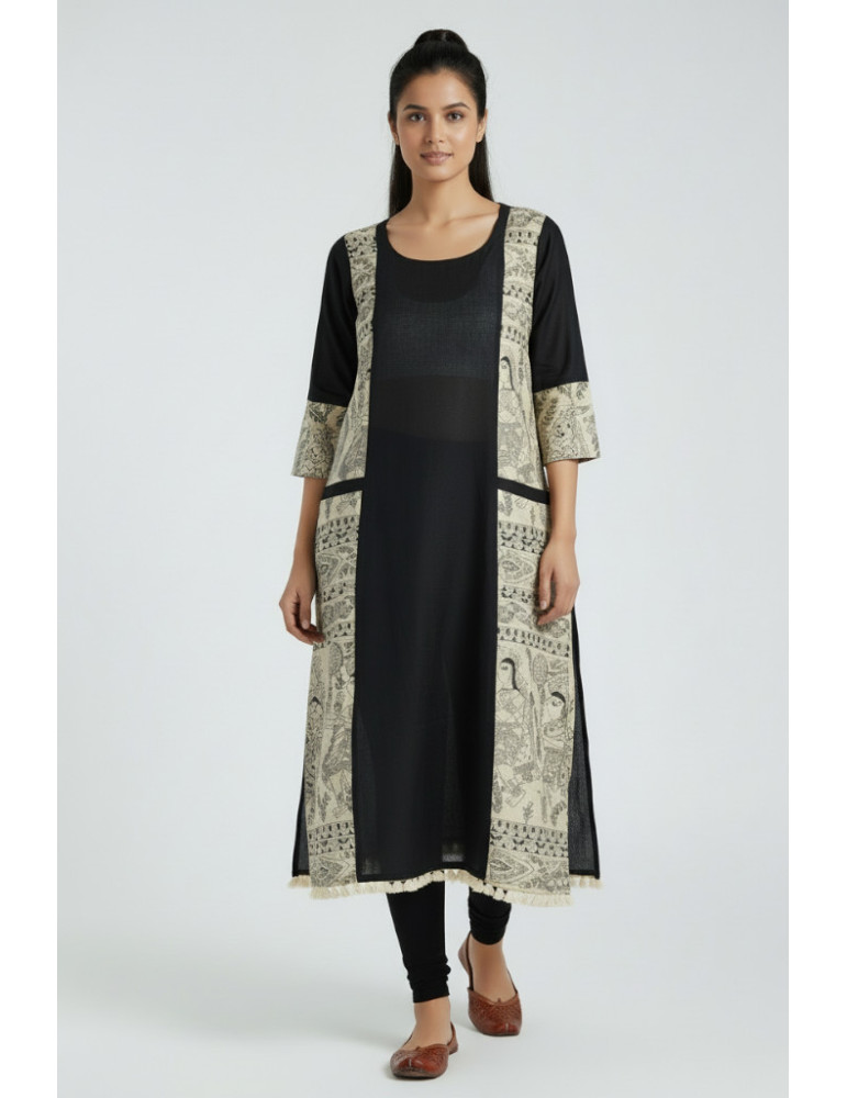 Black with Madhubani Touch Designer Pure Cotton Kurta