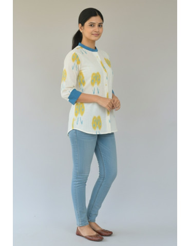 Yamini Ikat Off White Yellow Blue Butterfly Weave Pure Cotton Shirt