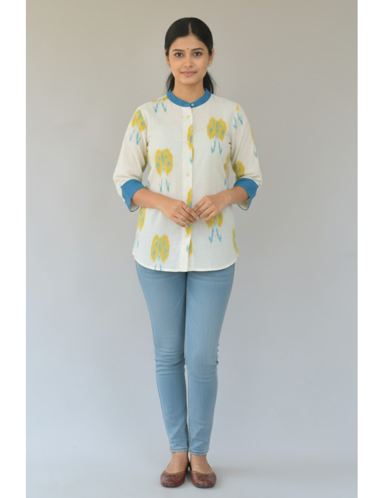 Yamini Ikat Off White Yellow Blue Butterfly Weave Pure Cotton Shirt