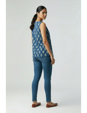 Blue Pure Cotton Designer Sleeveless Top