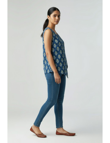 Blue Pure Cotton Designer Sleeveless Top