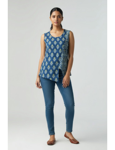 Blue Pure Cotton Designer Sleeveless Top