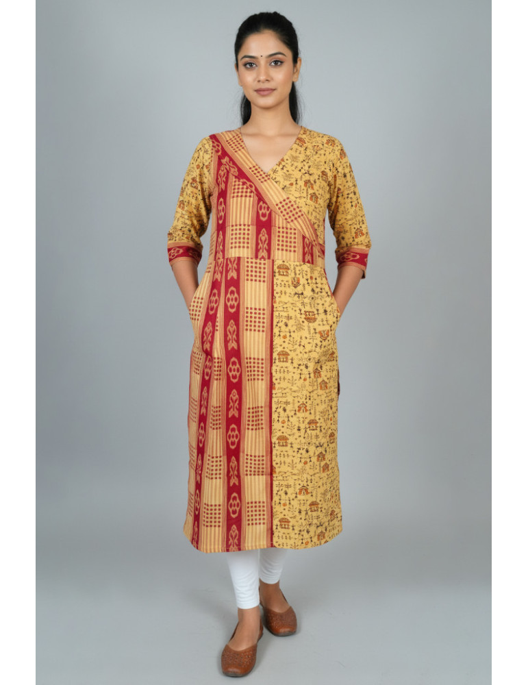 Maroon Striped Sambalpuri Print Cotton Kurti