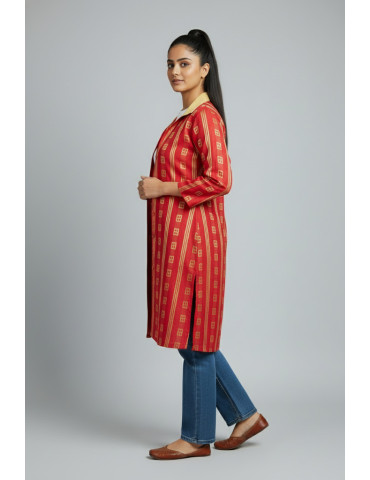 Hot Pink Smart Cotton Golden Print Combination Long Jacket