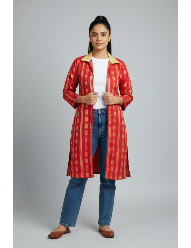 Hot Pink Smart Cotton Golden Print Combination Long Jacket