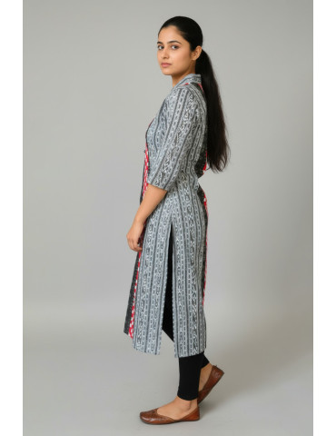 Red and Grey Sambalpuri Print Cotton Kurti 