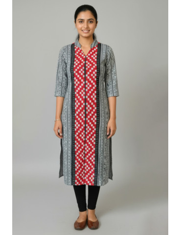 Red and Grey Sambalpuri Print Cotton Kurti 
