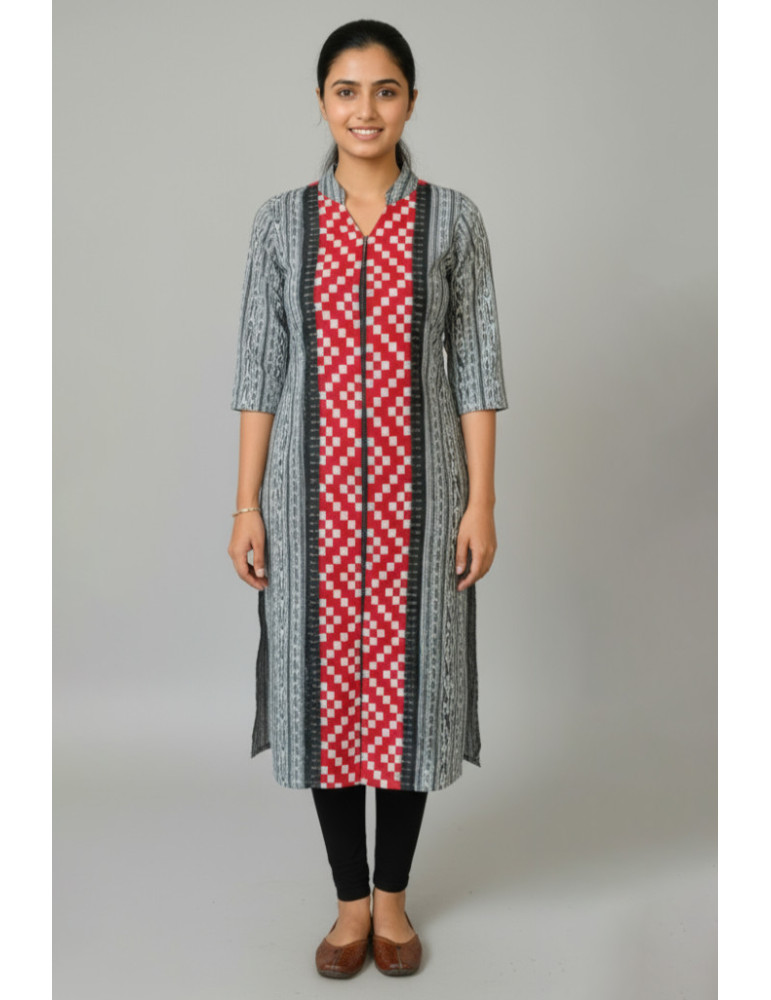 Red and Grey Sambalpuri Print Cotton Kurti 