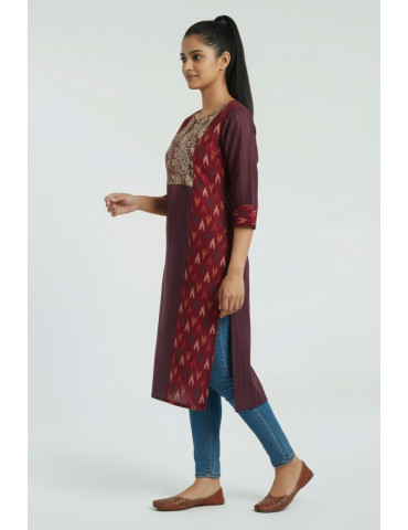 Maroon Kalamkari Gujri Mix Designer Kurti 