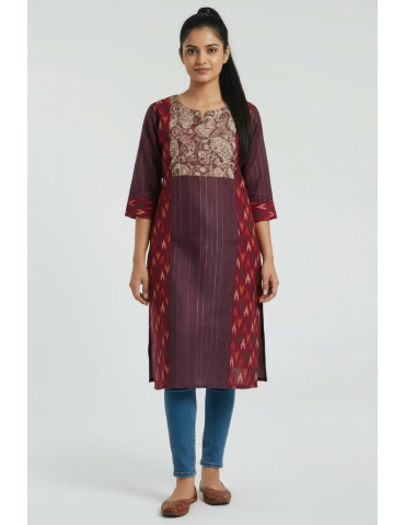 Maroon Kalamkari Gujri Mix Designer Kurti 