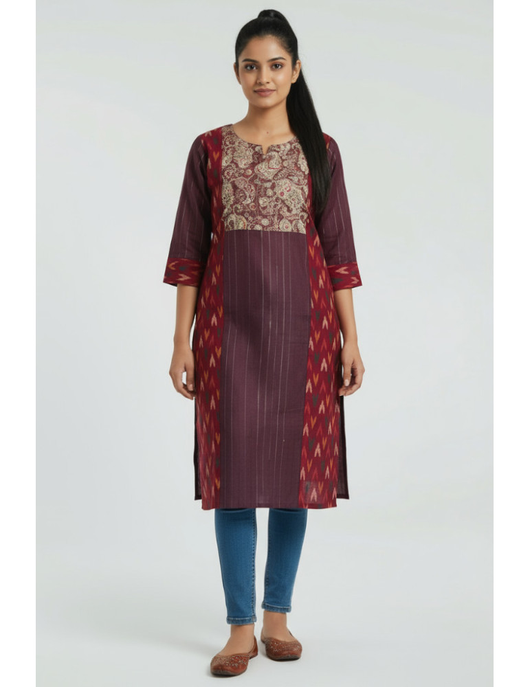 Maroon Kalamkari Gujri Mix Designer Kurti 