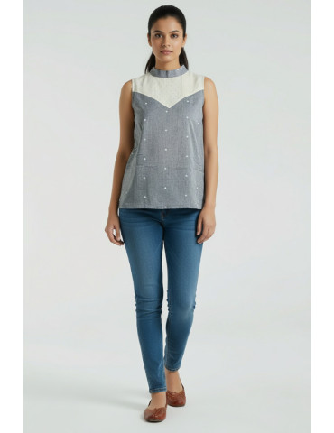 Grey White Handloom Sleeveless Top