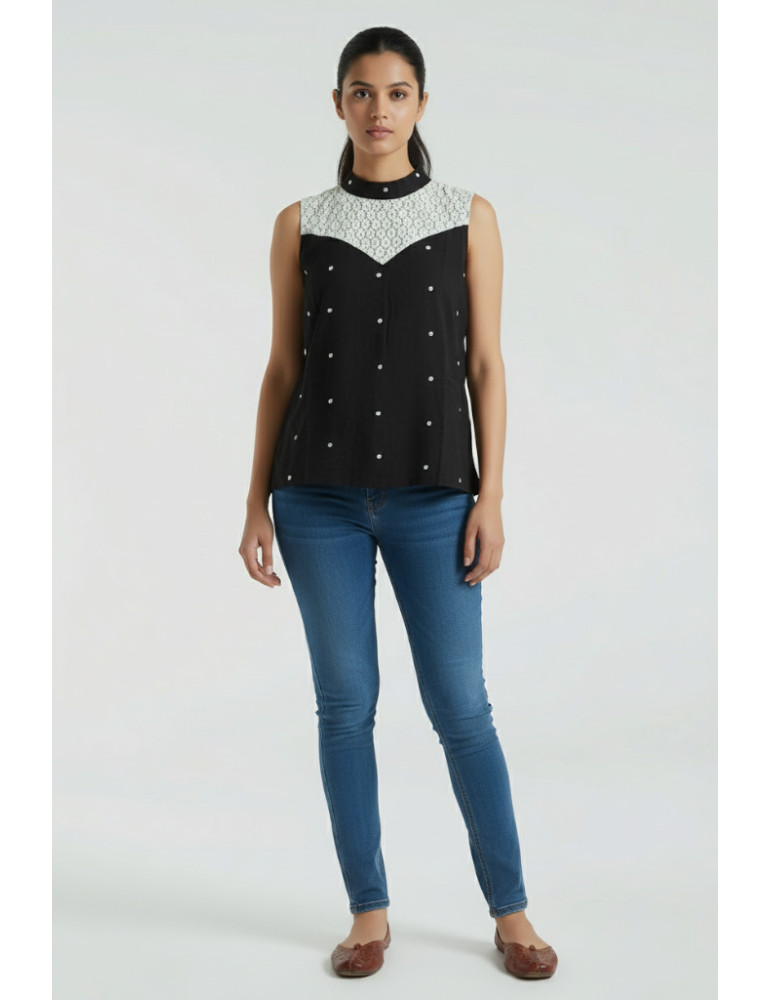 Black and White Handloom Sleeveless Top