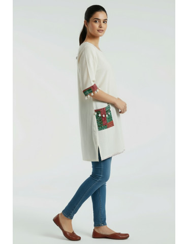 Off White Khadi Cotton One Piece with Handloom Patch Pocket and Shellwork
