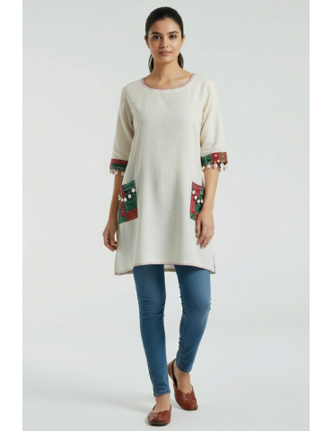 Off White Khadi Cotton One Piece with Handloom Patch Pocket and Shellwork