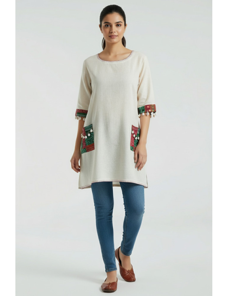 Off White Khadi Cotton One Piece with Handloom Patch Pocket and Shellwork