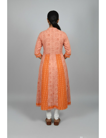 Orange Peach Khadi Cotton Tribal Print Handloom Kurti