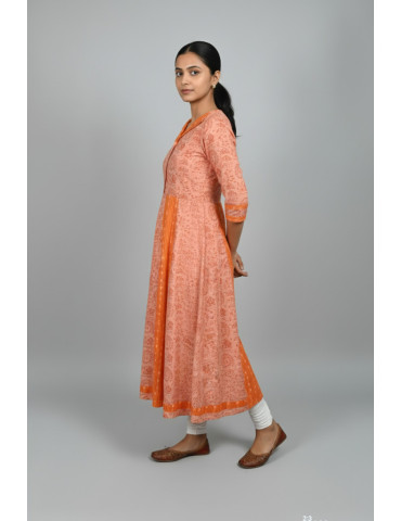 Orange Peach Khadi Cotton Tribal Print Handloom Kurti