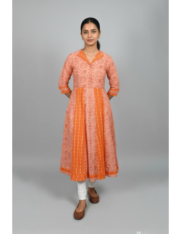 Orange Peach Khadi Cotton Tribal Print Handloom Kurti