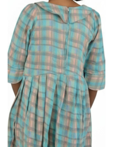 Sky and Grey Checked Pattern Midi Dress