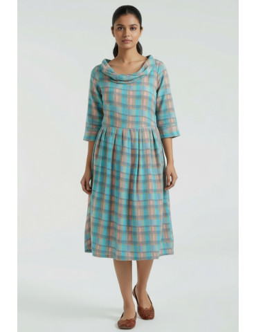 Sky and Grey Checked Pattern Midi Dress