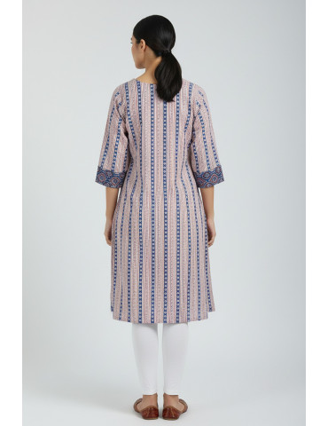 Women Blue White Cotton Ajrakh Printed Kurta
