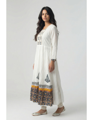 Women White Multicolor Cotton Floral Long Kurta