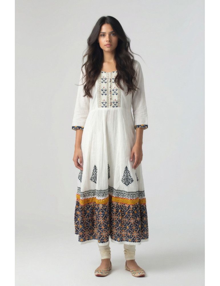 Women White Multicolor Cotton Floral Long Kurta