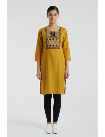 Women Mustard Yellow Modal Silk  Patch Work Kurti