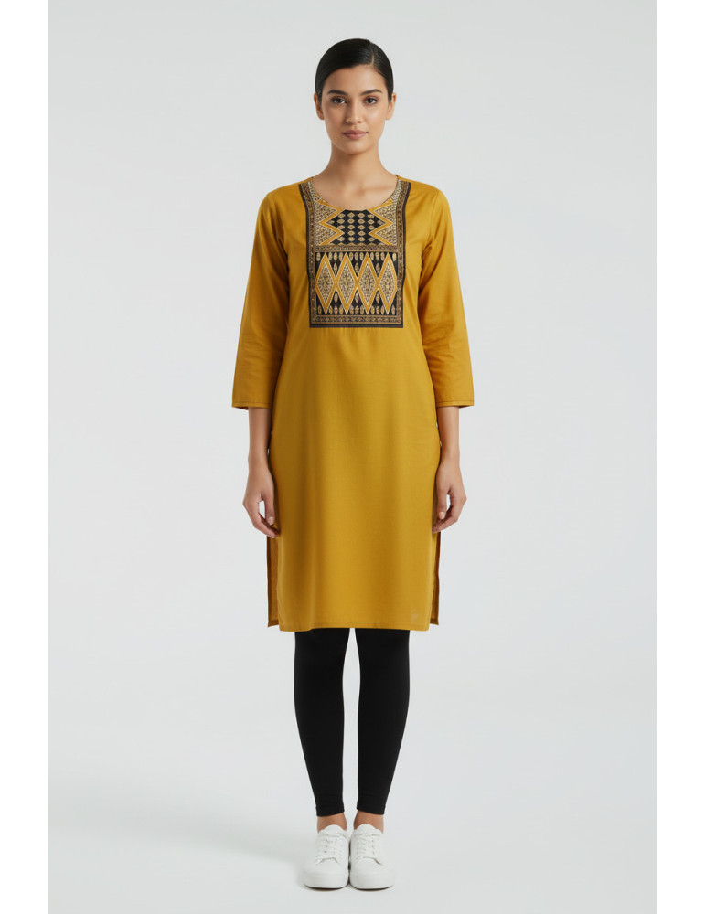 Women Mustard Yellow Modal Silk  Patch Work Kurti