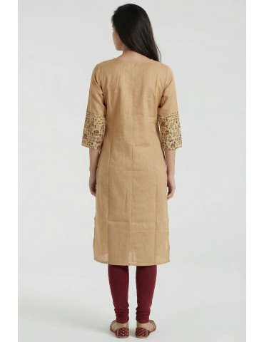 Women Beige Brown Cotton Printed Tribal Art Kurta