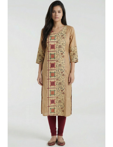 Women Beige Brown Cotton Printed Tribal Art Kurta