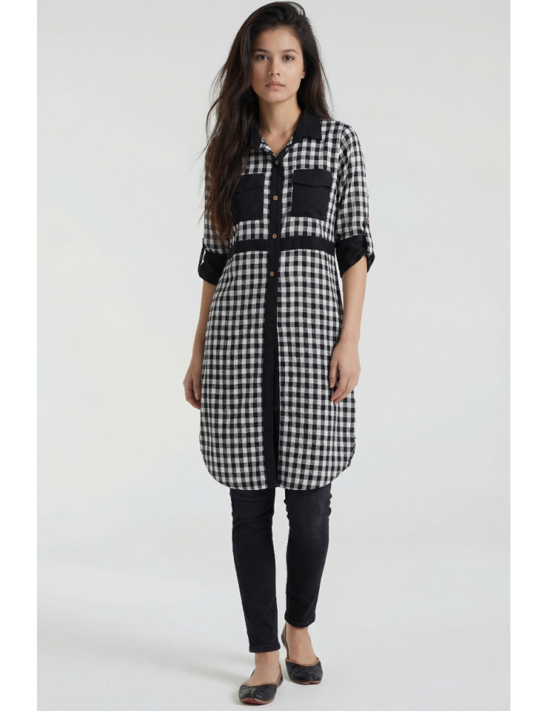 Women Black Cotton Checks Indo Western Kurti