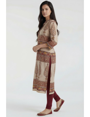 Women Beige Brown Multicolor Cotton Kalamkari Hand Block Kurta