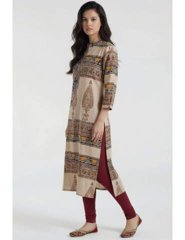 Women Beige Brown Multicolor Cotton Kalamkari Hand Block Kurta