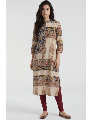 Women Beige Brown Multicolor Cotton Kalamkari Hand Block Kurta