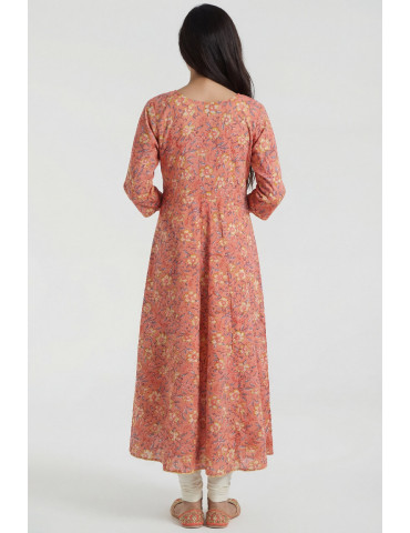 Women Peach Cotton Floral Printed Long Kurta