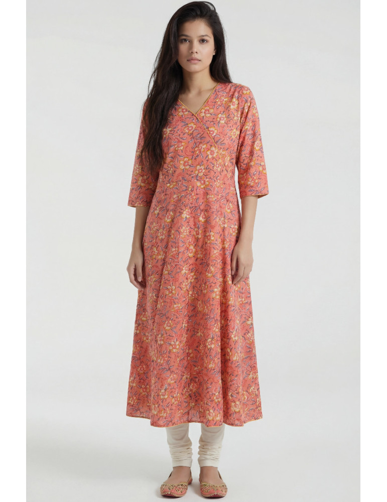 Women Peach Cotton Floral Printed Long Kurta