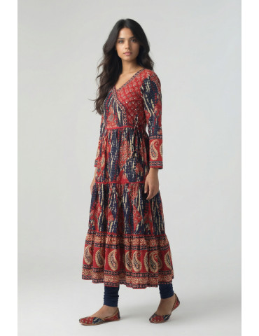 Women Maroon Blue Cotton Abstract Printed Anarkali Kurta