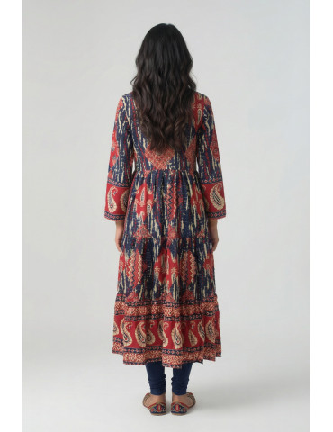 Women Maroon Blue Cotton Abstract Printed Anarkali Kurta
